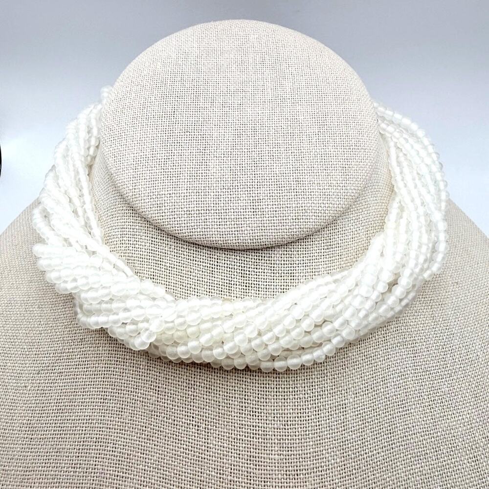 Vintage Japan 12 Strand White Frosted Glass Bead Twisted Choker Necklace 15.5"